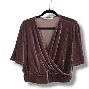 Ellison Women's Velvet Surplice‎ V Neck Cropped Short Sleeve Blouse Brown Large